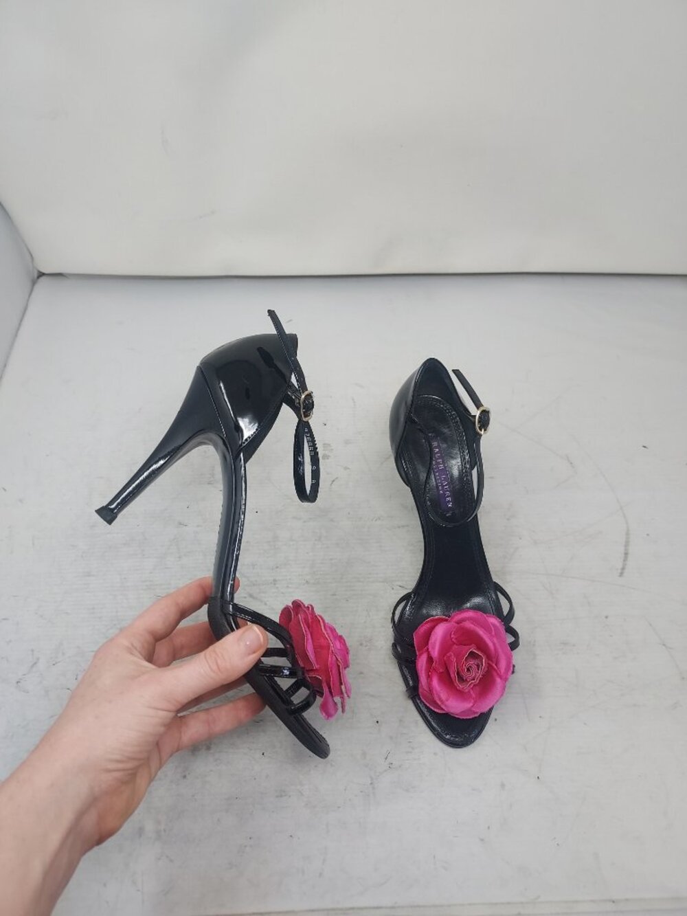 Ralph Lauren Purple Label Black Patent Pink Flower Heel Sandal